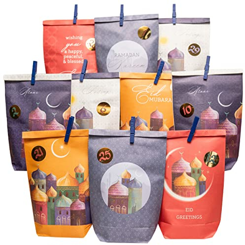 Papierdrachen DIY Ramadan Kalender zum Befüllen - für Kinder und Erwachsene - Bedruckte Kraftpapiertüten in Colorful - zum Aufstellen und Dekorieren - Eid Mubarak - wiederverwendbar - Set 7