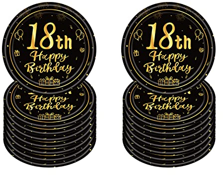 16 platos de papel desechables de 7 pulgadas, platos de papel desechables negros y dorados, fiestas, platos de papel de feliz cumpleaños 18, vajilla d