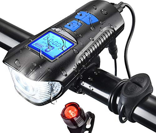 Bike Lights Set USB Rechargeable: Bike Lights Front and Back with Speedometer - 1500mAh 800 Lumen Bicycle Headlight Taillight with Horn,4 Light Modes for Night Riding,Cycling,Road