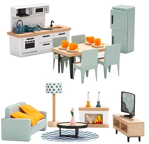 Ensemble de Meubles de Maison de Poupée en Bois et en Plastique, Ensemble de Cuisine et de Salon, 35 Pièces Accessoires de Maison de Poupée, Meubles de Jeu, Jouets pour Garçons, Filles et Tout-Petits