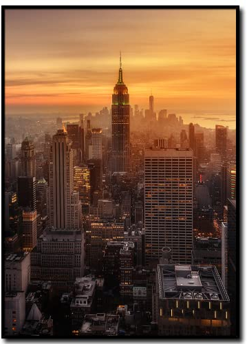 daazoo Wandbild Empire State Building Sunset | 50 x 70 cm Hochformat | Bild mit Rahmen schwarz Hochformat | groß XXL City | New York Wahrzeichen Skyline | Wohnzimmer Büro