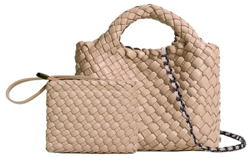 OUYGZOU Woven Tote Bag for Women with Coin Purse, Foldable Chain Small Crossbody Handbags, Fashion Shoulder Bag, Hobo Satchel