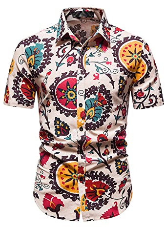 AZISEN Chemise Homme Manches Courtes, Chemise Manches Courtes Imprimé Géométrique Irrégulier Chemise Légère Boutons Chemise pour L'Extérieur Chemise D'été Chemise Homme Carreaux Rouge (Beige,XL)