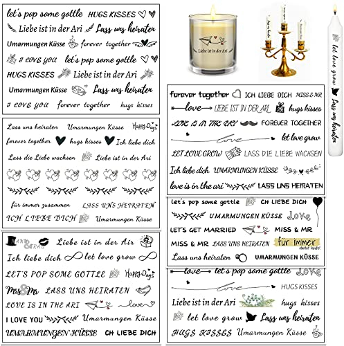 ENAIAH 6 Stück Hochzeitskerzen Tattoofolie, Hochzeits Kerzensprüche, verschiedene Motive, Traukerze zur Hochzeit, Sprüche, Dekorieren, Hochzeit, Kerze, Unparfümiert