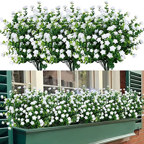 LOMOHOO 8 Bundles Artificial Flowers,Fake Flowers in Bulk,Artificial Plants Outdoor UV Resistant Plastic Shrubs for Home Garden Window Wedding Decor