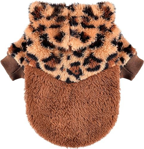 Fleece-Hunde-Kapuzenpullover, Haustierpullover für kleine Hunde, Winter, niedlich, warm, Welpen, Chihuahua, Haustierkleidung für Chihuahua, Yorkie, Teetasse, Katzenbekleidung (Leopard, Größe XXS)