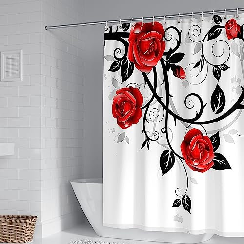 Duschvorhang Badewanne, Duschvorhang Stoff Waschbar Rot Schwarz Rosenzweige Eleganter Duschvorhang 150X200cm