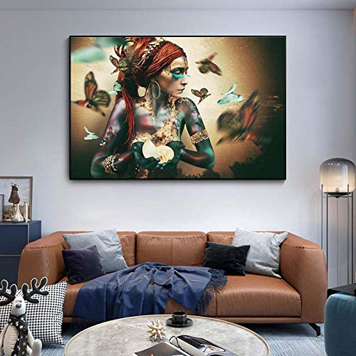 JACBON Gemälde an der Wand, Kunstposter und Drucke, afrikanische Frau mit Schmetterling, Leinwand, buntes schwarzes Mädchen, Bild, Heimdekoration, 80 x 140 cm, rahmenlos