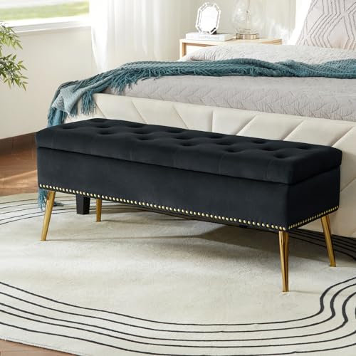 HULALA HOME Modern Velvet Storage Bench Box Ottoman with Gold Base & Nailhead Trim, Upholstered Bedroom Bench for End of Bed, Button-Tufted Footstool for Entryway Living Room Dining Room, Black