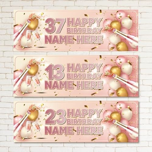 ELITEPRINT Set of 2 Personalised Birthday Banner Rose Gold Champagne Balloon Adults Party Poster[Design 1]