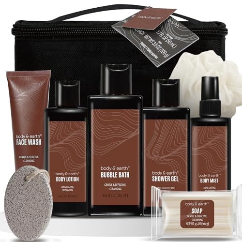 Bath and Body Gift Baskets for Men Body & Earth Sandalwood Mens Bath Set with Body Lotion, Face Wash, Shower Gel, Bubble Bath, Loofah & More, Gift Set for Men,Fathers Day Gifts for Him