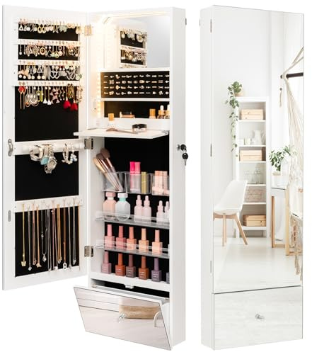 GOPLUS Armoire à Bijoux Verrouillable, Miroir Pleine Longueur de 120CM, Miroir de Maquillage Intégré avec Lumières LED 3 Couleurs, Étagère de Maquillage Pliable, Meuble pour Chambre, Dressing, Blanc