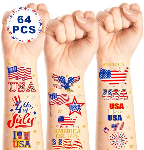 Lot de 64 feuilles de tatouages temporaires du 4 juillet - Décorations patriotiques pour le visage et le corps, drapeau américain indépendance - Autocollants de tatouage durables pour enfants et