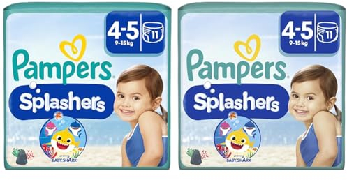 Pampers Windeln Größe 4-5, Splashers Baby Shark Limited Edition, 11 Stück, Einweg-Schwimmwindeln, für sicheren Schutz im Wasser (Packung mit 2)