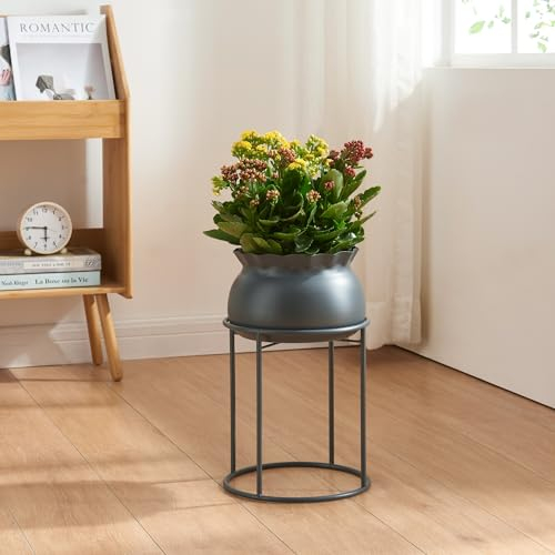 [en.casa] Soporte para Plantas Flores con 1 Macetero Extraíble Diseño Redondo Moderno Organizador de Macetas para Hogar y Oficina Portamacetas Metal 38xØ24 cm - Negro