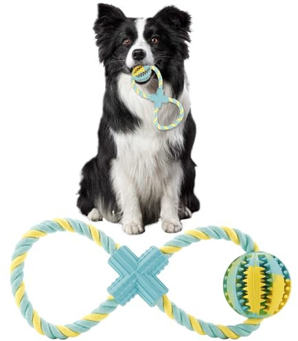 DEWEL Juguete para Perros, Juguete para Morder para Perro Durable Maticable Cuerda, Juguetes Interactivos para Perros Grandes Medianos y Pequeños Juguete con Pelota para Comida de Caucho 7 cm