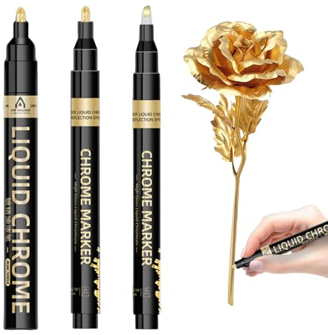 Bzzerumy 3 Stück Gold Metallic Chrom Marker,Metallic Stifte Set,Wasserfest Steine bemalen stifte,Glänzender Permanenter Flüssiger Acrylstifte