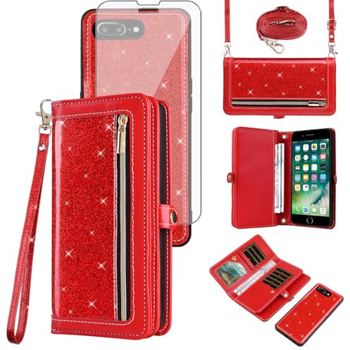 Asuwish Phone Case for iPhone 7plus 8plus 7/8 Plus Zipper Wallet Cell Cover with Tempered Glass Screen Protector Strap Bling Glitter Flip Card Holder i Phone7s 7s + 7+ 8s 8+ Phones8 7p 8p Women Red