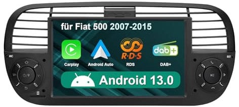 Android 14 Wireless Carplay Autoradio per Fiat 500 2007-2015 con 7 pollici IPS Touchscreen, supporto GPS Navi WiFi Bluetooth4.0 FM RDS SWC DAB+Android Auto 2+32GB Nero