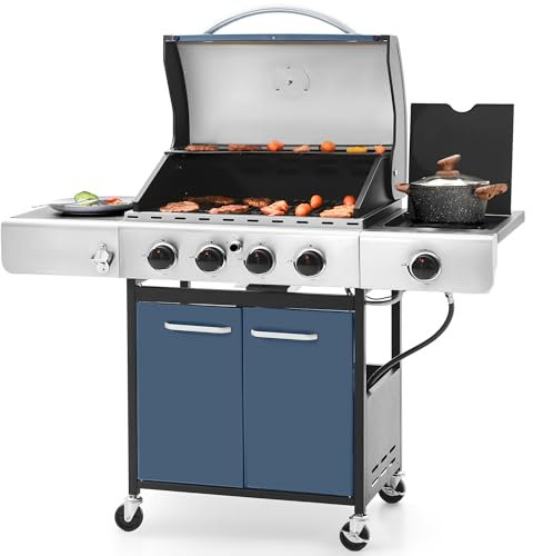 Sophia & William 4-Burner Gas BBQ Grill with Side Burner and Porcelain-Enameled Cast Iron Grates, 42,000BTU Propane Grills Outdoor Cooking Barbecue Grill Cabinet Style, Blue