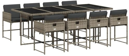 vidaXL Garten Essgruppe 9-TLG., Gartenmöbel Set mit Kissen, Gartengarnitur Tisch 8 Stühle, Sitzgruppe Sitzgarnitur, Grau Poly Rattan