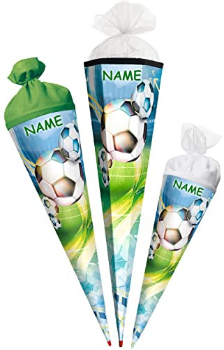 alles-meine.de GmbH Schultüte - mit 3D Glitzer - Effekt ! - Fußball 35-100 cm Größe wählbar mit/ohne Holzspitze - Zuckertüte - inkl. Name - Zuckertüte - Tüllabschluß / ..