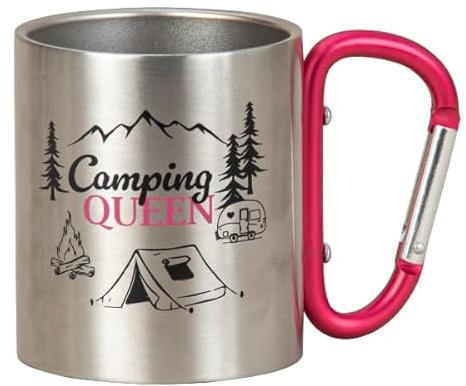 MF Camping Queen Edelstahlbecher mit pinkem Karabinergriff