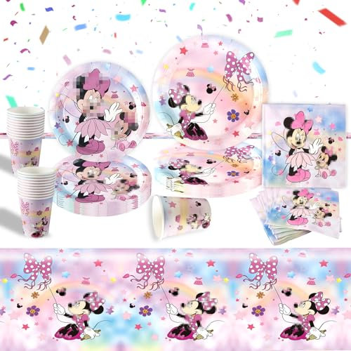 Luclay Kinder Geburtstag Geschirr Pappteller Deko- 51PCS Rosa Mini Mouse Pappteller Tischdecke Kindergeburtstag Mädchen Junge Geburtstagsdeko Birthday Party Tableware Supplies Teller Servietten Tassen