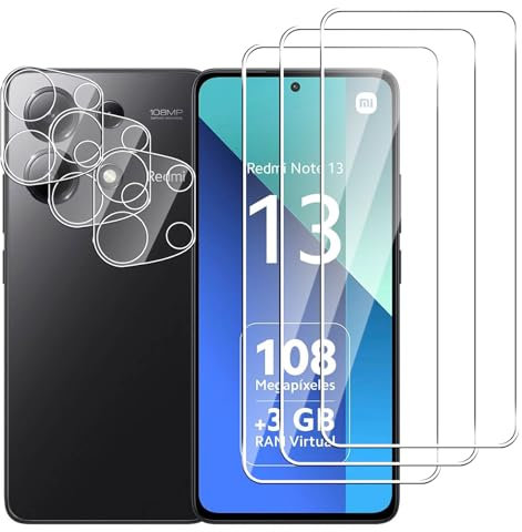 Dlxiks Protector de Pantalla para Xiaomi Redmi Note 13 4G, 3 Cristal Vidrio Templado con 3 Protector de Lente de Cámara, Dureza 9H, fácil instalación, Sin Burbujas, Antiarañazos, HD Transparente