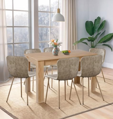 Hallowood Furniture Newquay Oak Rectangular Dining Table and Chairs Set 6 | 120cm Wooden Kitchen Table and Chairs in Taupe Faux Leather and Oak Effect Metal Legs, Easy Assembly 7-piece Dining Room Sets