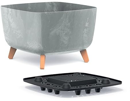 B2C Low Planter Flower Pot with Legs Insert Square Decorative Indoor Outdoor 3 Sizes Home Decor Rised S M L Concrete Texture (Concrete, Medium)