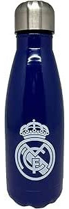 REAL MADRID - Botellas de agua de acero - Azul, Negra, Acero plateado y Blanca - Cierre hermético - 550 ML - Producto Oficial con Licencia (Contemporáneo, Azul)