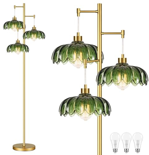 QIYIZM Glass Floor Lamp for Living Room,Bedroom,Mid Century Modern Standing Lamp Brass Tree 3 Light Tall Floor Lamps Vintage Retro Floor Lights Gold Green Flower Lamp Shade Farmhouse Boho Bohemian