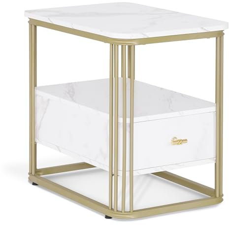 M MCombo Beistelltisch mit Schublade, Modern Sofatisch Marmor Weiß Gold, Klein Kaffeetisch Metallgestell, Nachttisch mit 2 Ablagen, Couchtisch für Wohnzimmer, 60x40x55, 2138