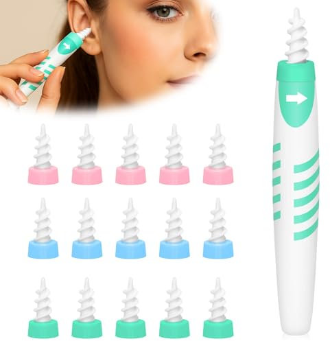 Ear Wax Removal Tool with 16 Silicone Tips - Ear Wax Cleaner Kit for Adults - Soft Spiral Design Safe Gentle Earwax Remover for Home Travel Use