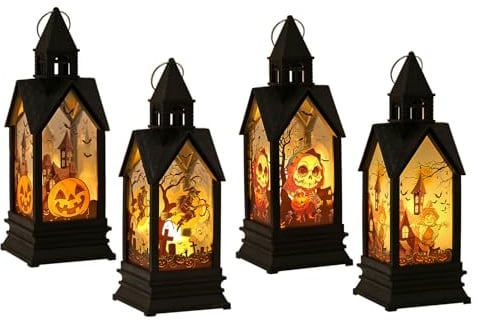 4 Stück Halloween Deko Kerzenlaterne, Flammenlose Laterne LED Kürbis Laterne Halloween Deko Garten Hängende Windlichter für Indoor Outdoor Gärten Baum