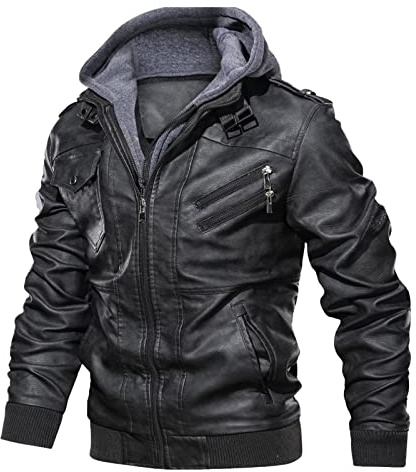 Veste pour homme 2025 - Veste d'hiver chaude et épaisse pour homme - Veste à capuche en cuir avec fermeture éclair - Col à revers - Courte - Pour moto - Veste Ewing', Noir , L