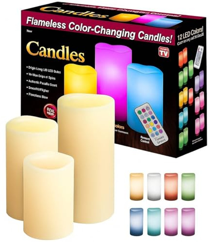 SK-GOODS 4PCS Flameless LED Candles with Remote & Timer, Colour Changing Flickering Wax Candles, Vanilla Scented Battery Operated Candles for Home, Wedding, Outdoor & Indoor Decor