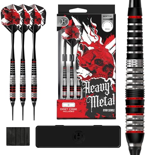 Harrows Ryan Searle Heavy Metal Edelstahl Softtip Darts Set in 18g oder 20g – inkl. Speedline Shafts, 100-Mikron Flights & Dartcase – Robuste Softtip Darts für alle Spieler