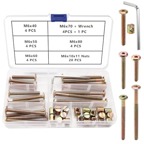 VooGenzek 40 Piezas M6 x 40/50/60/70/80 mm Kit de Hardware Tornillo Tuercas de Cama, Hex Socket Head Cap Perno de Cuna, con Llave Allen, para Muebles Camas Sillas, Amarillo