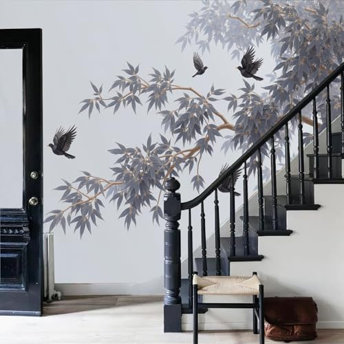 DLERFLOVR Papel Pintado Panorámico Minimalismo 350x250cm, Fotomurales Bambú Y Pájaros Voladores Papel Pared Seda Decorativos Pared para Salón Dormitorio Comedor, Gris
