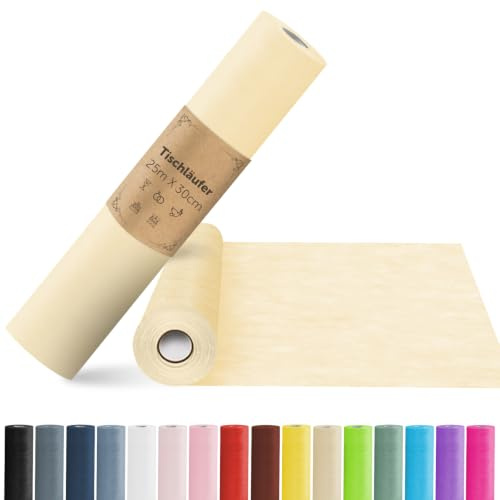 aboveBED 25m x 30cm Vlies Tischläufer, Tischläufer Beige Weiß Tischdeko Tischband für Kommunion, Hochzeiten, Einschulung, Taufe, Geburtstage, Jugendweihe und Party