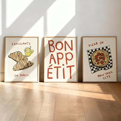 Xiyocadt 3er Küche Poster Set,Abstraktes Küche Pizza Brot Bilder,Vintage Küchenbilder, Aesthetic Deko,für Esszimmer Coffee Bar Wohnzimmer Deko,Wohnung,Ohne Rahmen (21x30cm)