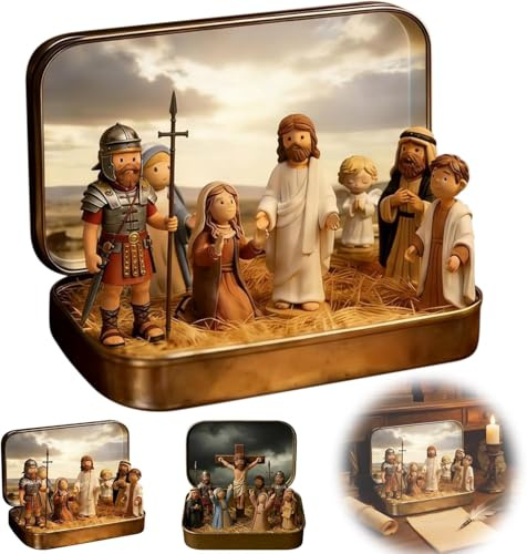 Quarcthyra Mini Ostern Jesus Klassische Szenen in Einer Dose: Miniatur Kreuzigung & Auferstehung Szenen, Pocket-Resin Krippenfiguren für religiöse Tischdekoration im Büro oder Zuhause (b)