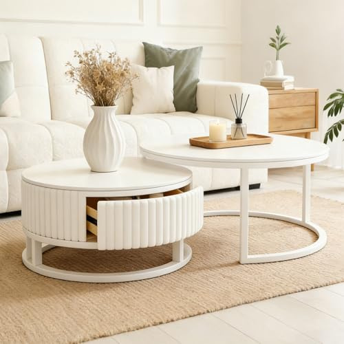 SeraphicCharm Marbre Table Basse Blanche Lot De 2 Ronde Table Basse Gigogne avec Rangement Tiroir Moderne Design Tables De Salon Ronde Tables Salon Basses pour Salon Appartement Bureau