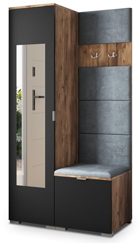 Masseno Flugarderoben Set VIRA, Kleiderschrank-Set mit Spiegel und Sitzbank, Garderobenschrank Flur mit 3 Regalböden, Eiche Lefkas/Schwarz