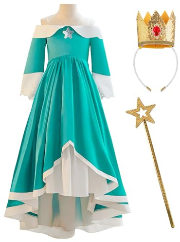 Kosplay Mädchen Prinzessin Rosalina Kostüm mit Accessoires Prinzessin Peach Verkleidung Rosalina Kleid Grün Geburtstag Party Weihnachten Halloween Karneval Cosplay Kleider Kinder 100-150