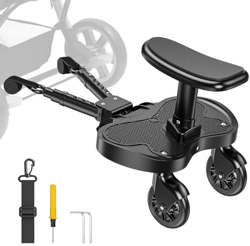 BugyKido Buggy Board, Trittbrett für Kinderwagen Universal für Kinder, Trittbrett Kinderwagenzubehör, Kinderwagen Zubehör ab 2-6 Jahren (25 kg), Schwarze Räde, für über 99% der Kinderwagen