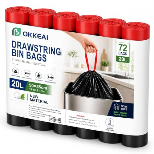 OKKEAI 20L Small Bin Bags, Pedal Bin Liners for Bathroom, Black, 72 Counts | Drawstring Design, Leak-Resistant, Unscented Rubbish Bags Suitable for Office and Indoor Waste