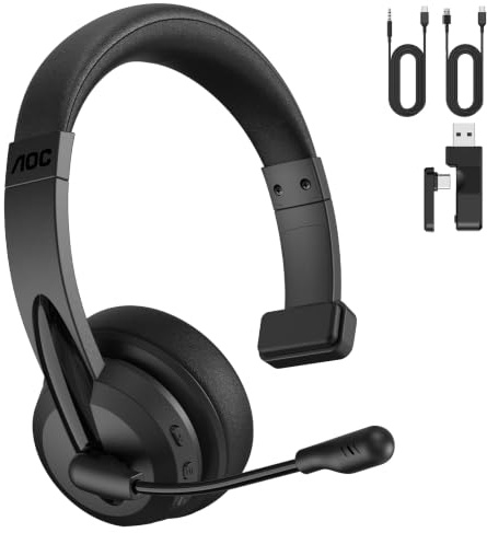 AOC 3-in-1 Bluetooth Headset mit Mikrofon Mono Headset Kabellos 2.4G Dongle | Bluetooth Headset mit AI ENC Geräuschunterdrückung, 45H Akku PC Headset für LKW-Fahrer, Home-Office, Call Center